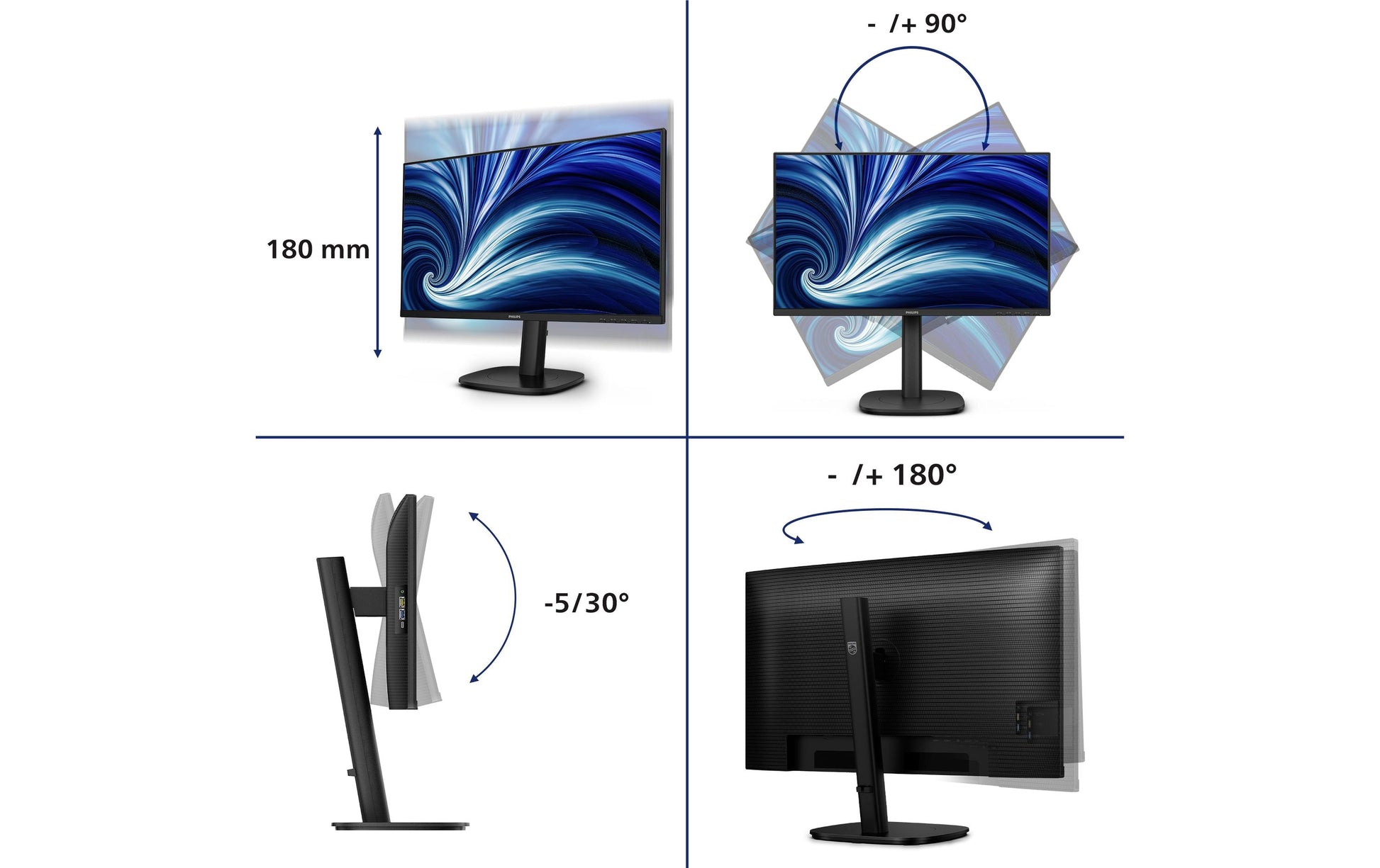 Philips 24B2U3301D/00 – Monitor, 24", IPS, 100 Hz, USB-Hub, Lautsprecher, höhenverstellbar, Schwarz