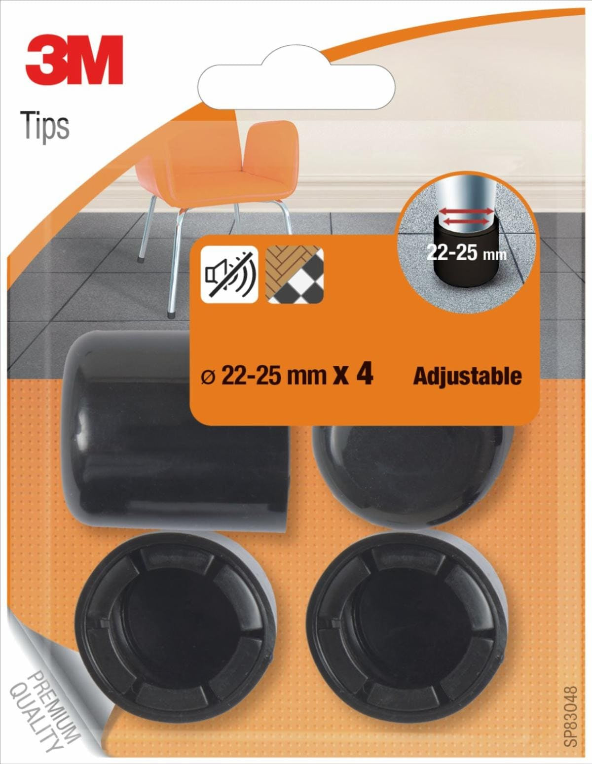 3M Stuhlbeingleiter – rund Ø 25 mm – schwarz – für Stuhlbeine Ø 22–25 mm – 4 Stück