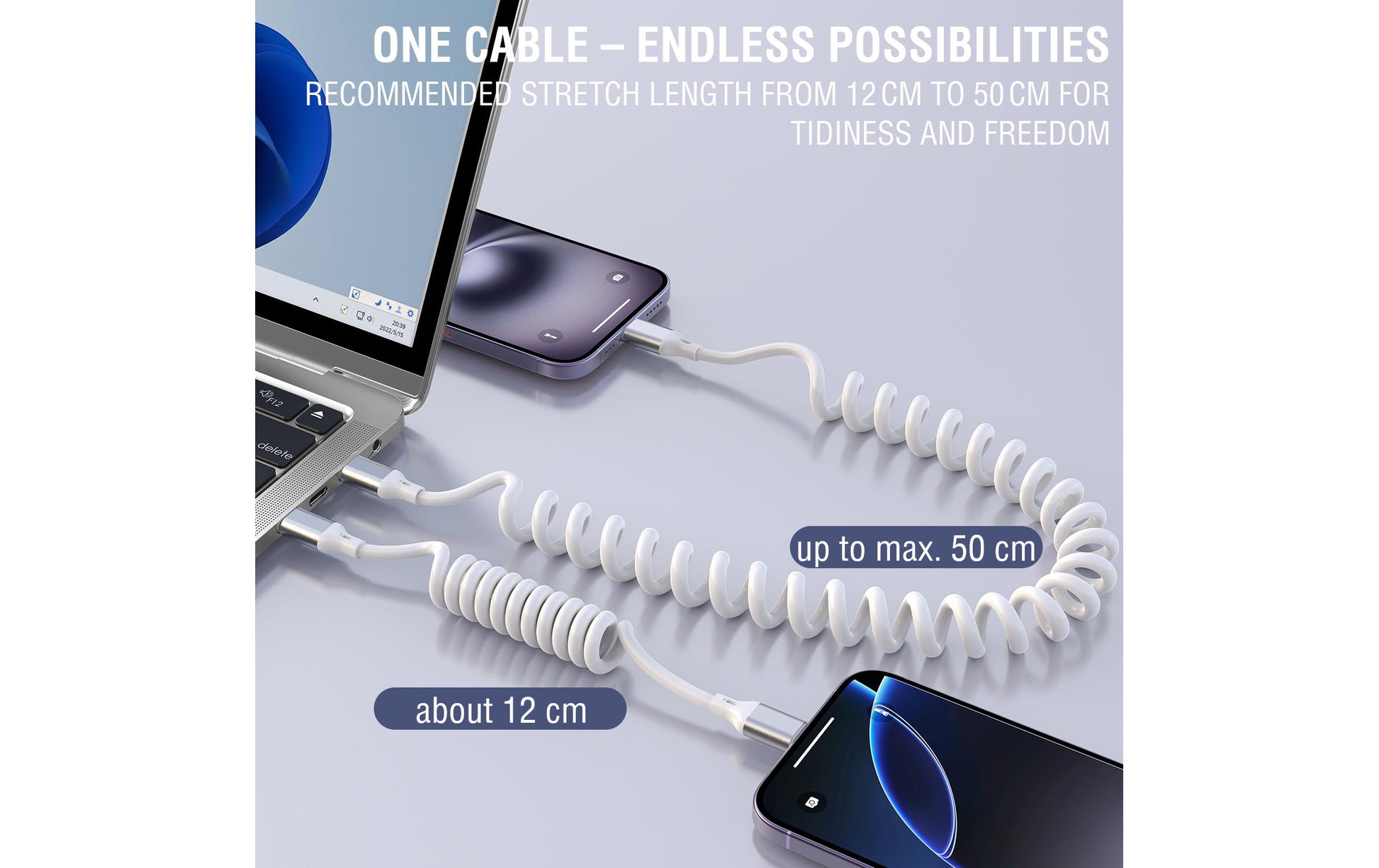 4smarts USB-C auf USB-C Kabel – USB 2.0 (480 Mbit/s) – 1,35 m – PD 100 W – Spiralkabel, TPU-Mantel – Weiss