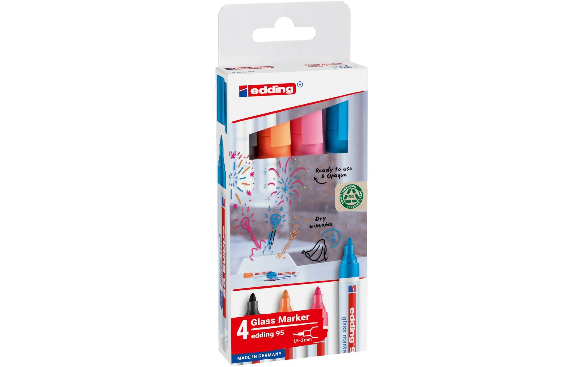 Edding 95 Glasboardmarker – Rundspitze 1,5–3 mm, Schwarz, Hellblau, Orange, Pink, 4 Stk. – für Glas