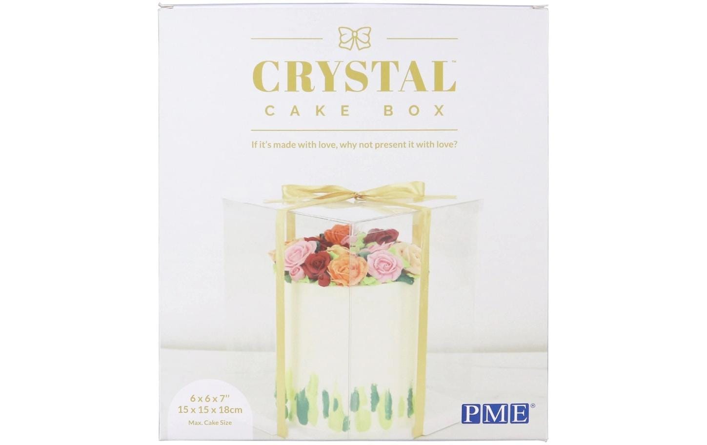 PME Tortenbox – mit goldenem Satinband – Transparent – 15 × 15 × 18 cm – Kunststoff (PET)