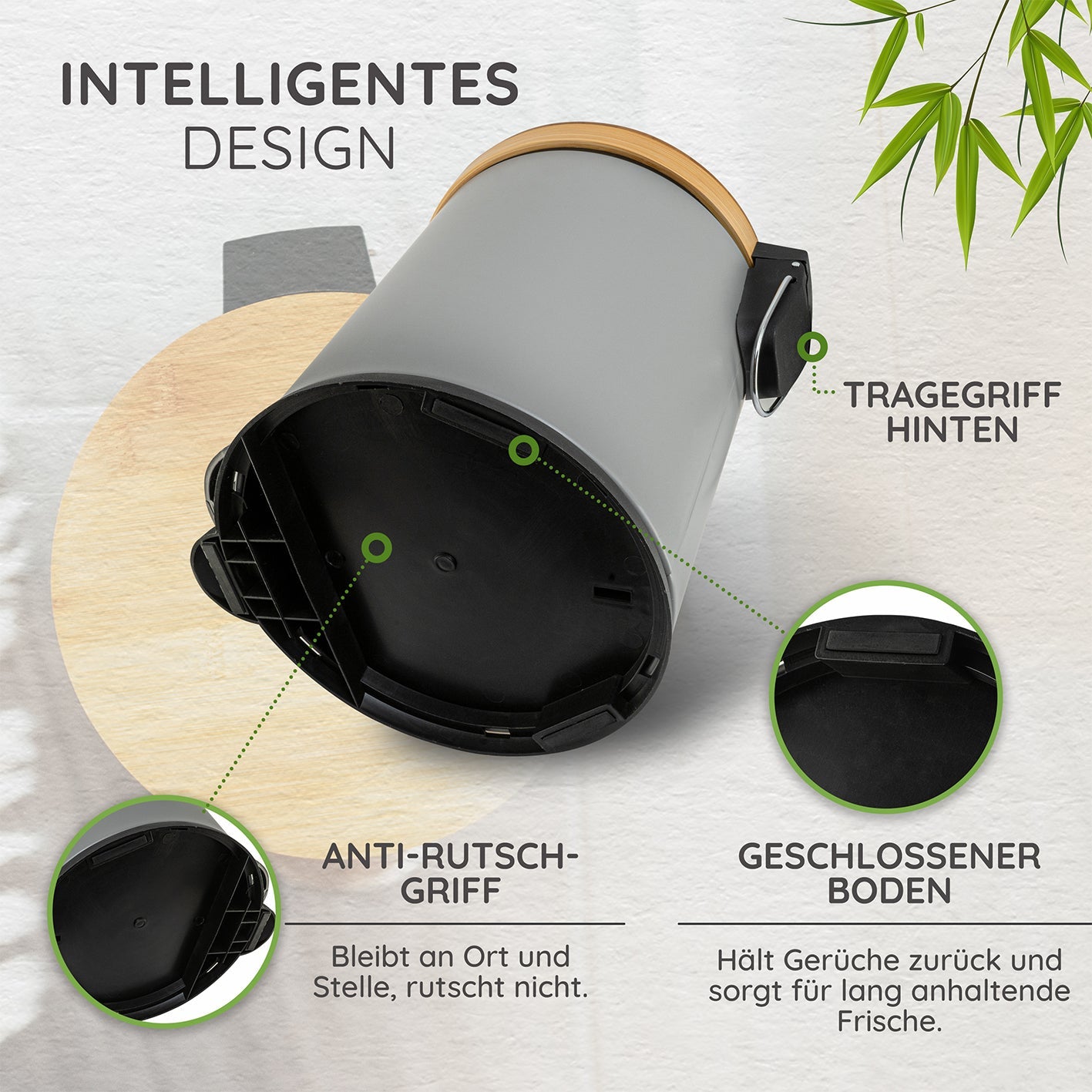 Exitoso Tisch-Abfallbehälter – 5 l – mit Deckel – Holz, Grau – Ø 220 × H 285 mm