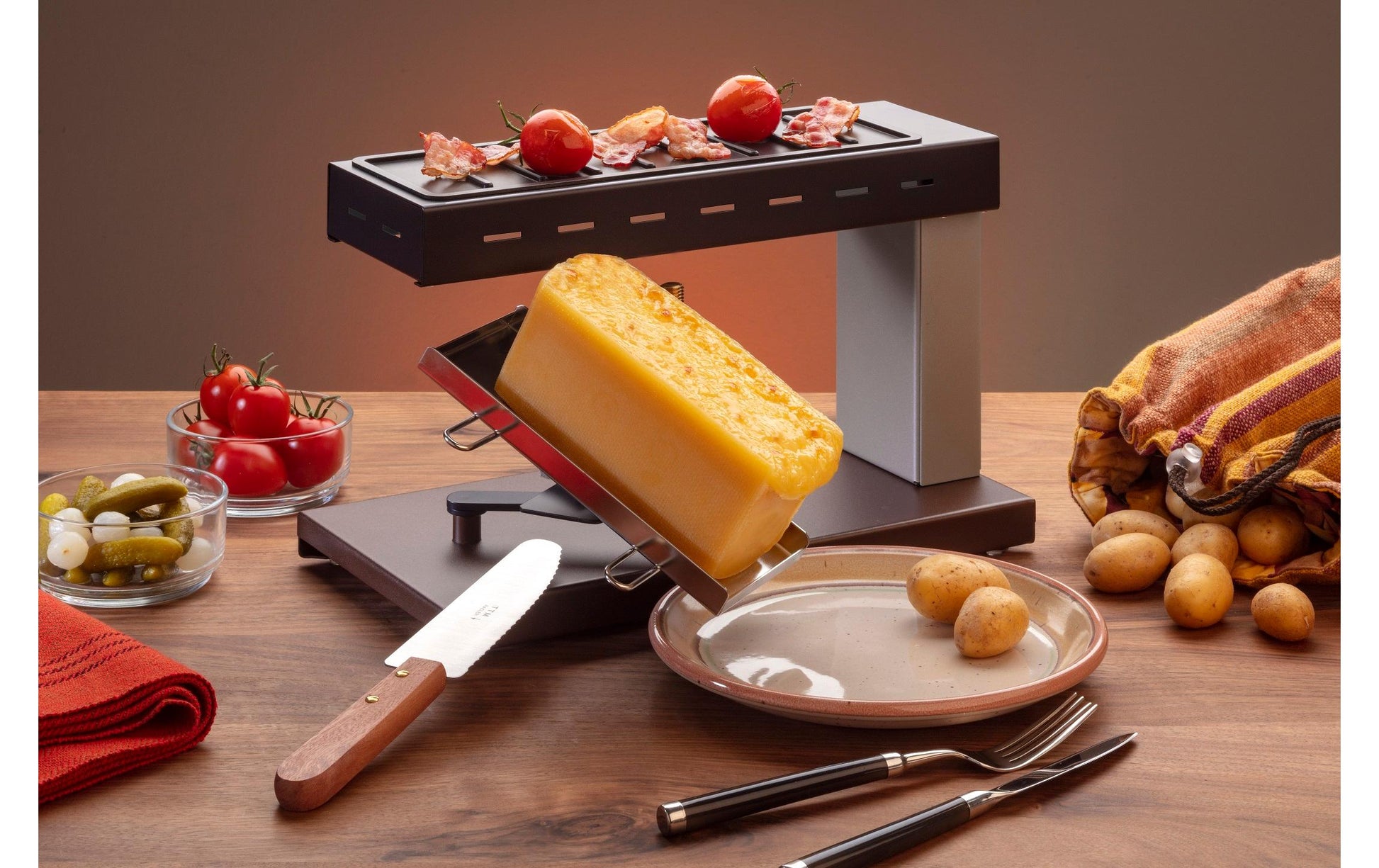 TTM Raclette Convivial 100.009 – 33,5×17,0 cm Grillfläche, 450 W, teflonbeschichtet – schwarz/braun/silber