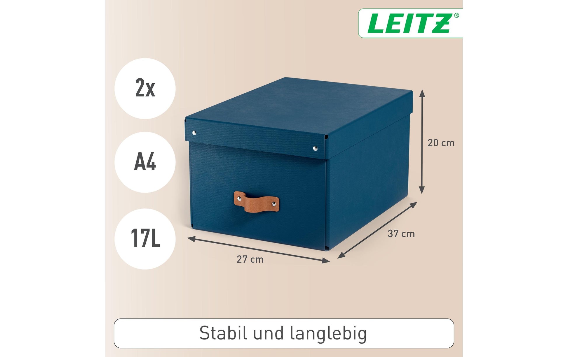 Leitz Aufbewahrungsbox 17 l – mit Tragegriff, 265 × 200 × 355 mm, Nachtblau, Karton, 2er Pack