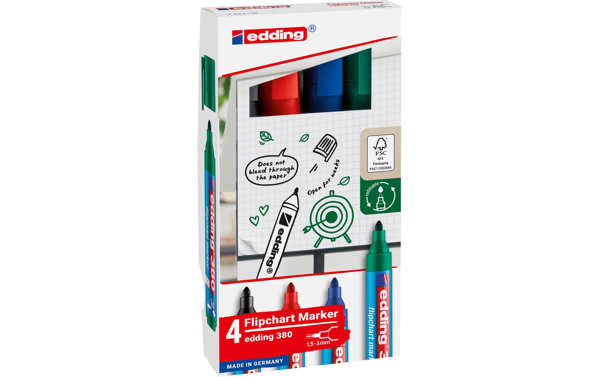 Edding 380 Flipchart Filzstifte – Rundspitze, 1,5–3 mm, 4 Farben, nachfüllbar
