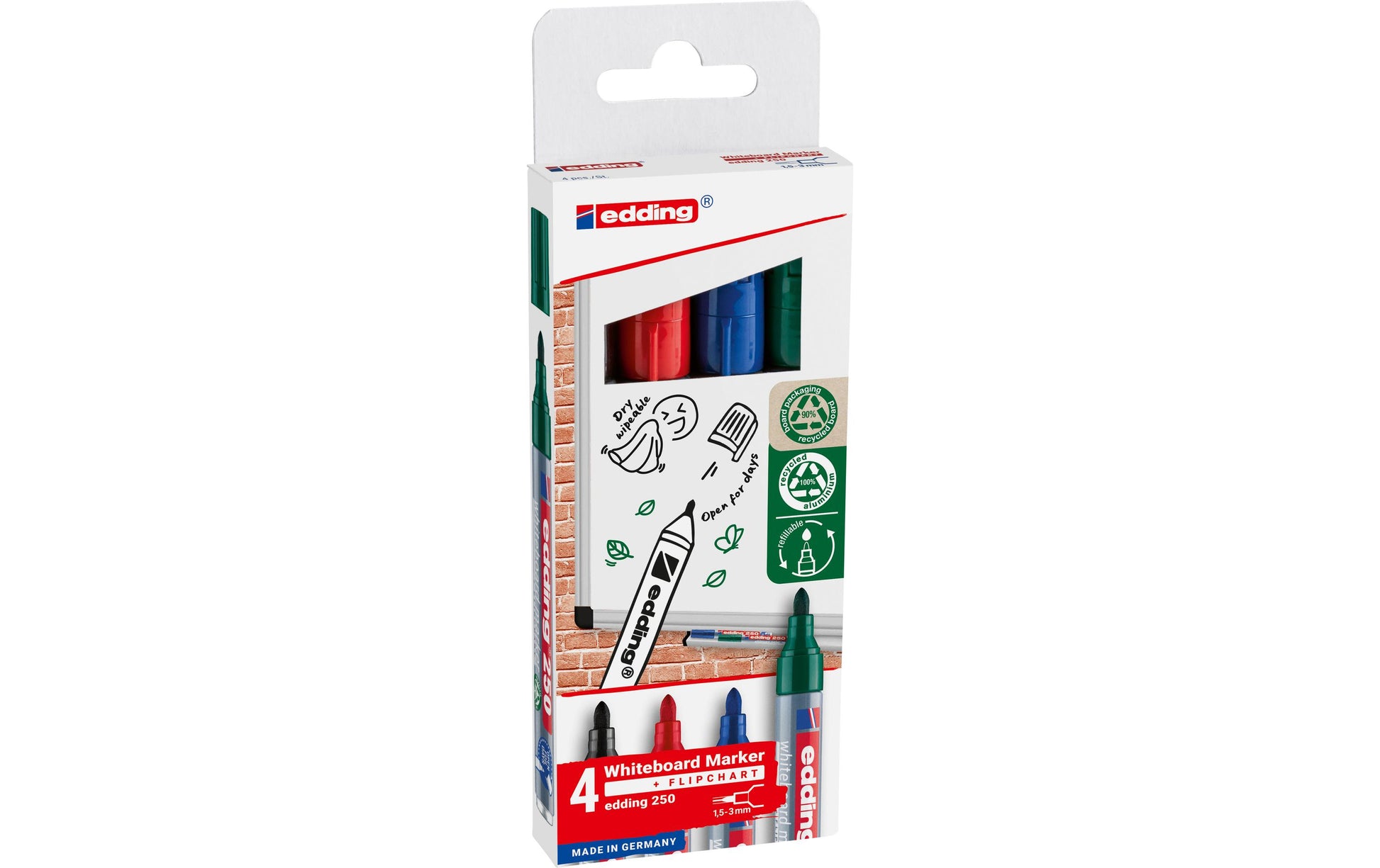 Edding Whiteboard-Marker 250 – Rundspitze 1,5-3 mm – Sortiert – 4er-Set – Trocken abwischbar
