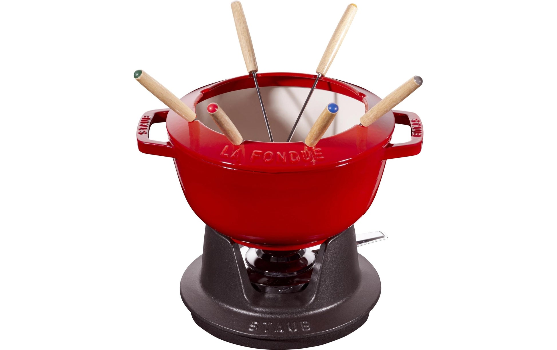 Staub Fondue-Set – Ø 20 cm, Gusseisen, für Käsefondue, Teelichter, Kirschrot, 6 Pers., 5 Teile