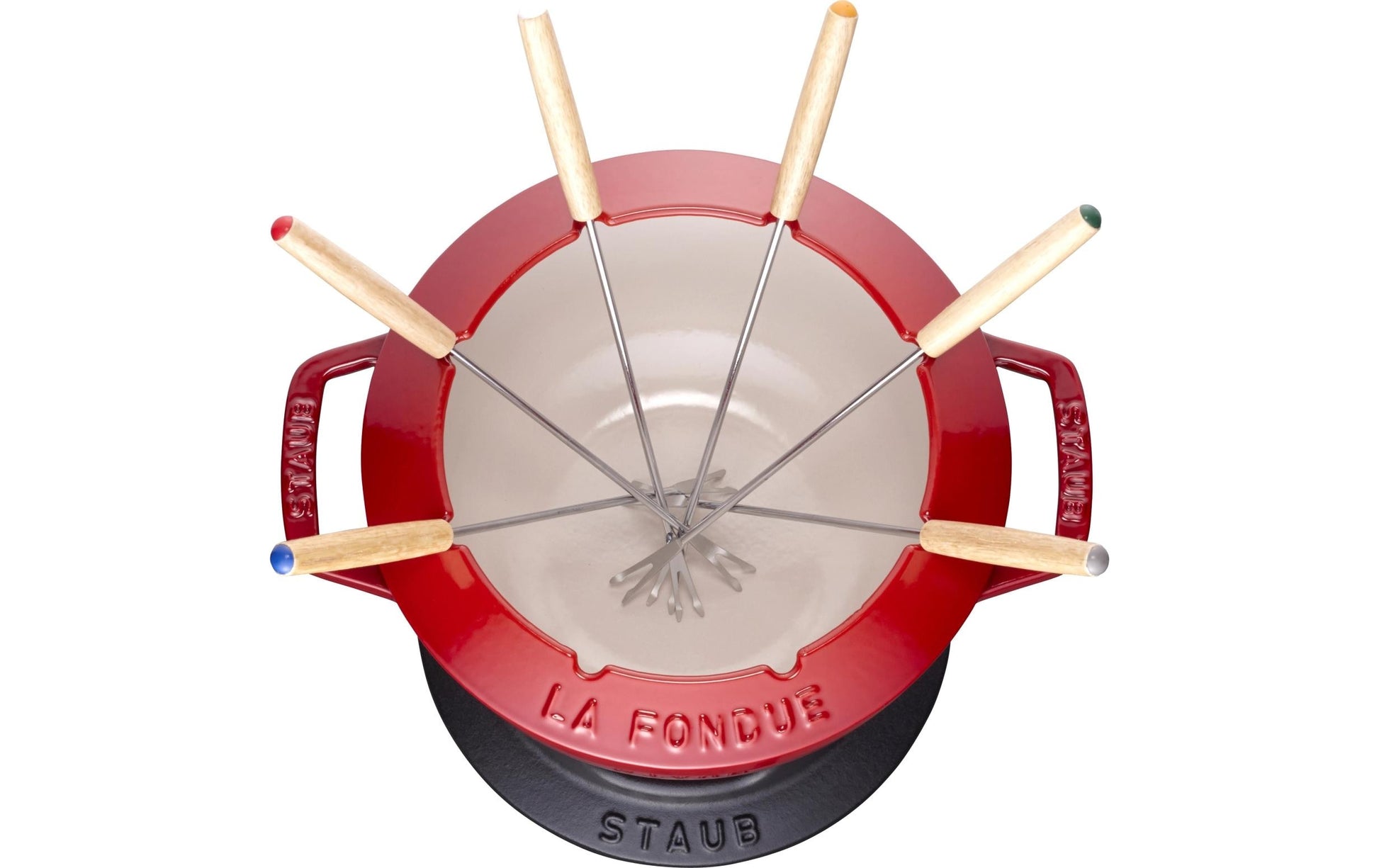 Staub Fondue-Set – Ø 20 cm, Gusseisen, für Käsefondue, Teelichter, Kirschrot, 6 Pers., 5 Teile