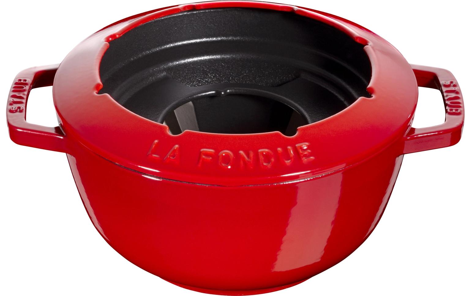 Staub Fondue-Set – Ø 20 cm, Gusseisen, für Käsefondue, Teelichter, Kirschrot, 6 Pers., 5 Teile