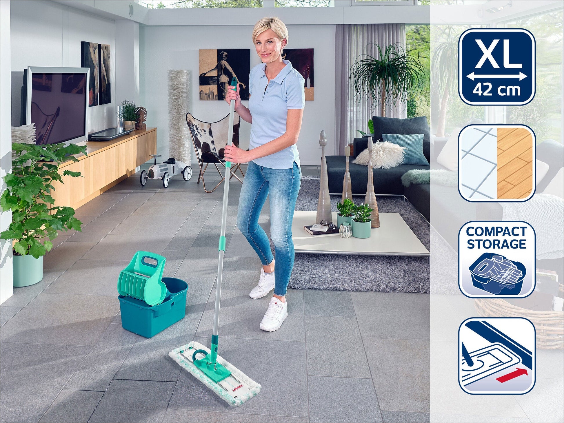 Leifheit Profi Compact 55092 – Bodenwischer-Set – Wischbreite 42 cm, Teleskopstiel, Mikrofaser, Türkis
