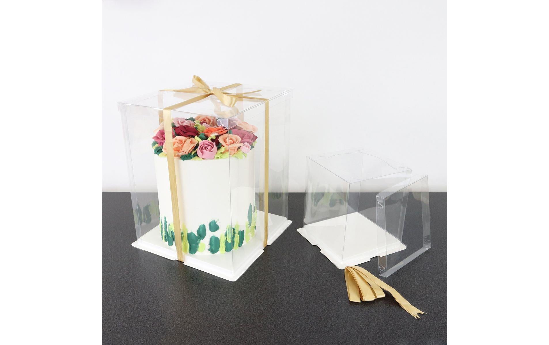 PME Kuchenbehälter – Klar – 20 × 20 × 27,9 cm – Kunststoff (PET) – Goldenes Satinband