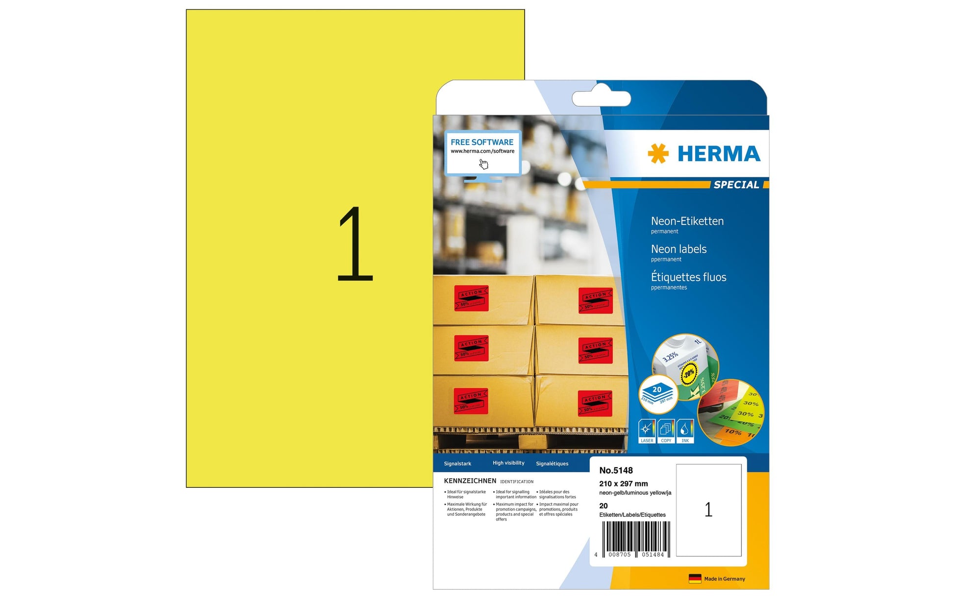 HERMA Schuletiketten – Motiv Neongelb – 210 × 297 mm, 20 Stk, 20 Bogen, Papier, permanent haftend
