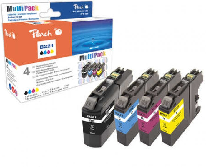 Peach LC-221 Tintenpatronen-Multipack, Schwarz/Cyan/Magenta/Gelb (Kompatibel) – für Brother MFC-J1100-Serie