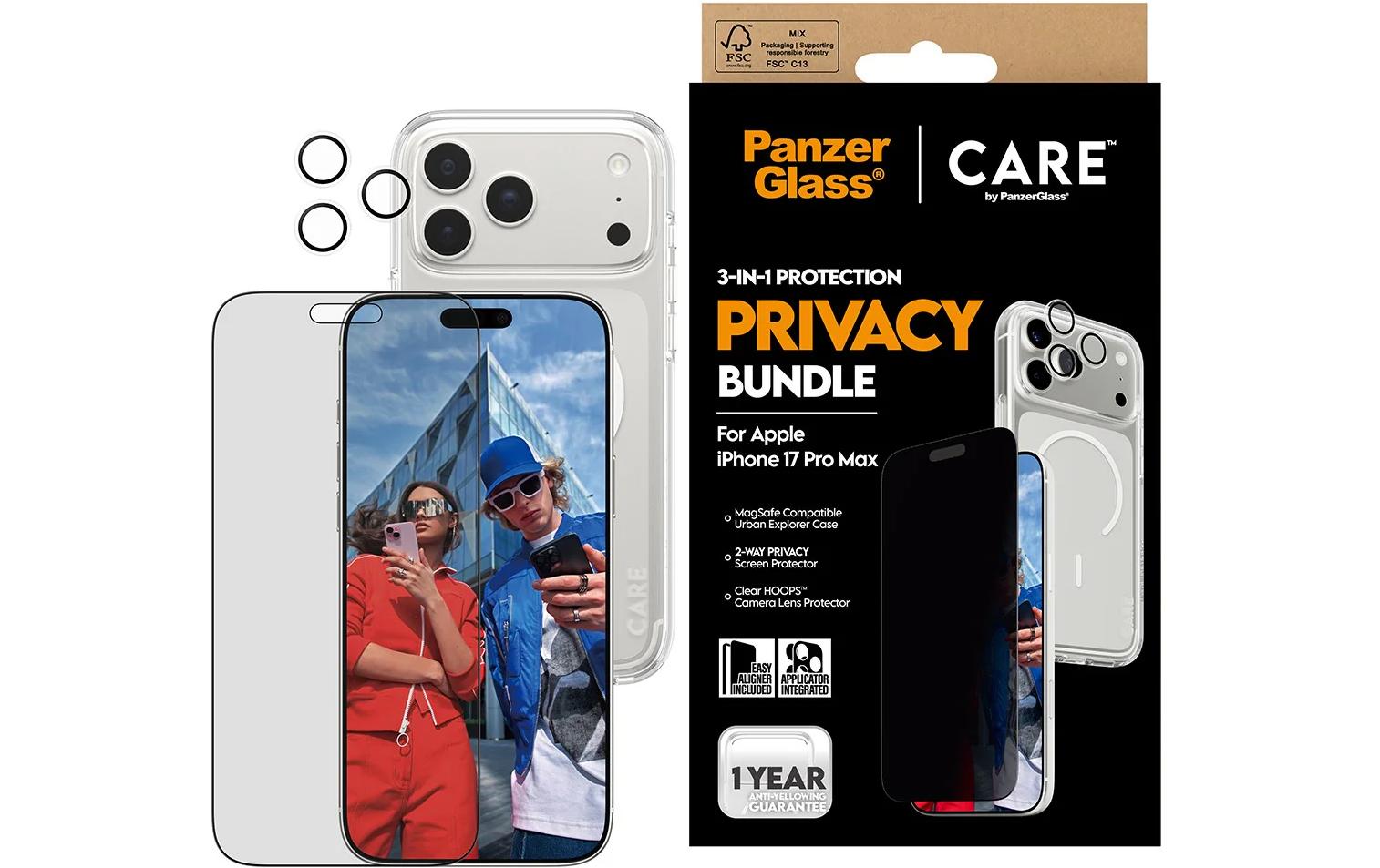PanzerGlass Schutz-Set 3-in-1 Privacy-Filter – für Apple iPhone 17 Pro Max – Kratzresistent, Hartglas