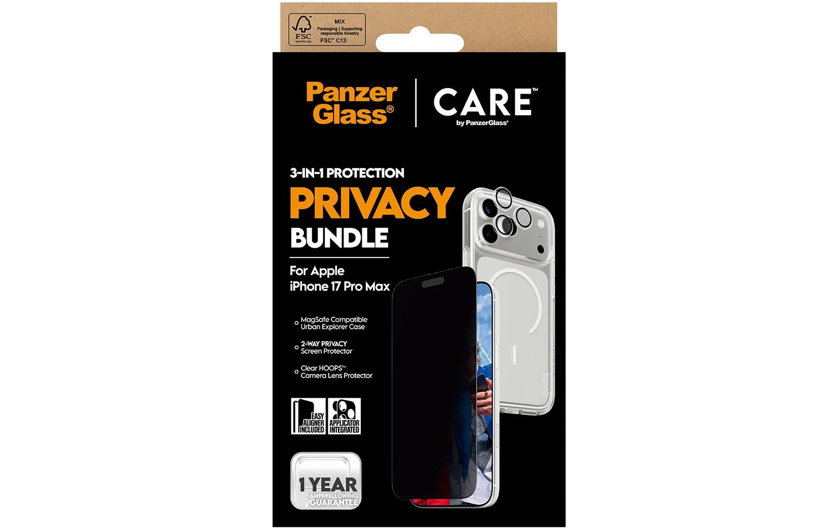 PanzerGlass Schutz-Set 3-in-1 Privacy-Filter – für Apple iPhone 17 Pro Max – Kratzresistent, Hartglas