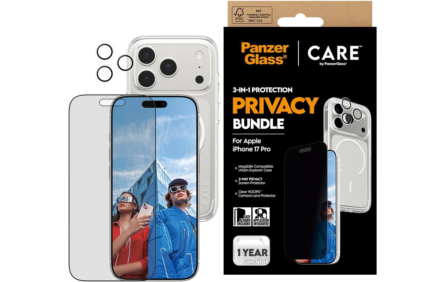 PanzerGlass Schutz-Set 3-in-1 – für Apple iPhone 17 Pro, kratzresistent, anti-fingerprint, Hartglas