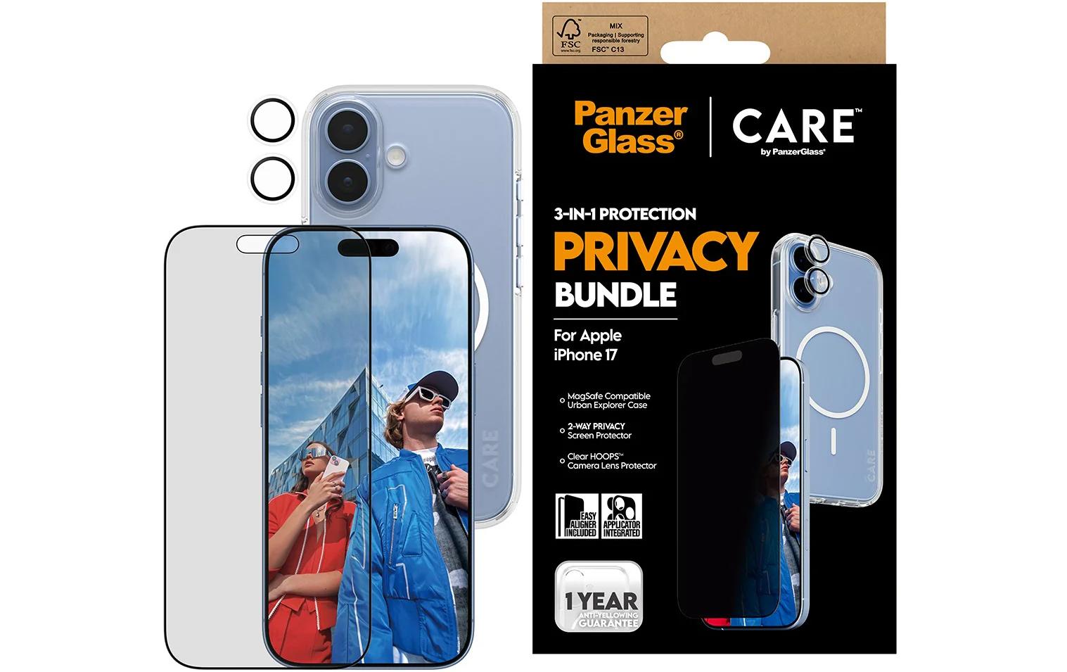 PanzerGlass Bildschirmschutzfolie CARE – für Apple iPhone 17 – Transparent – Privatsphäre-Filter
