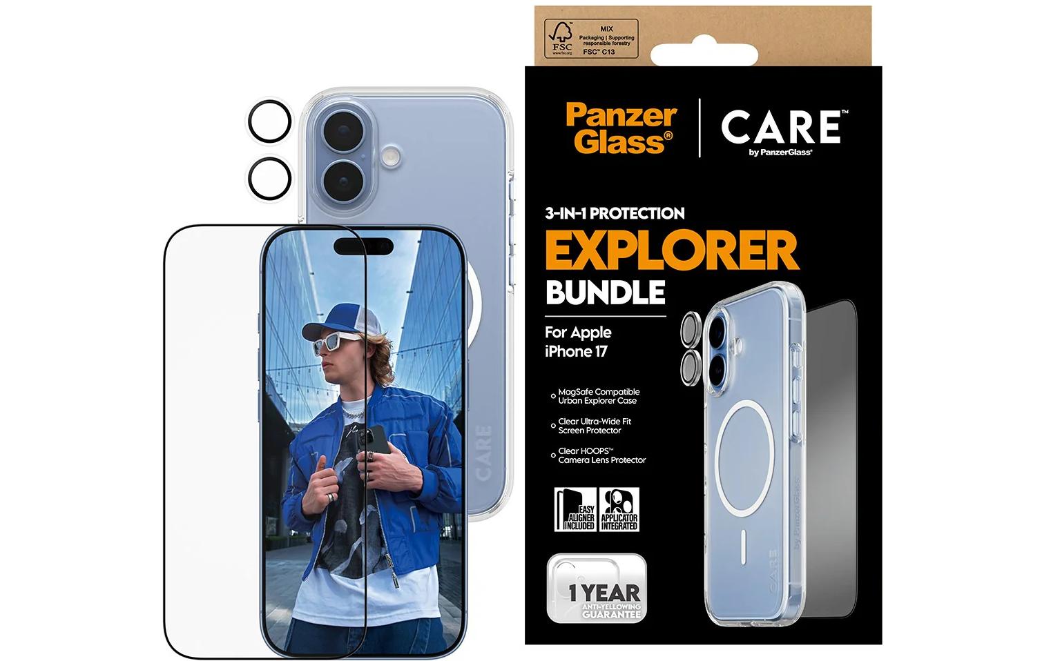 PanzerGlass Schutz-Set 3-in-1 – für Apple iPhone 17, kratzresistent, stossfest, Hartglas, Folie, transparent