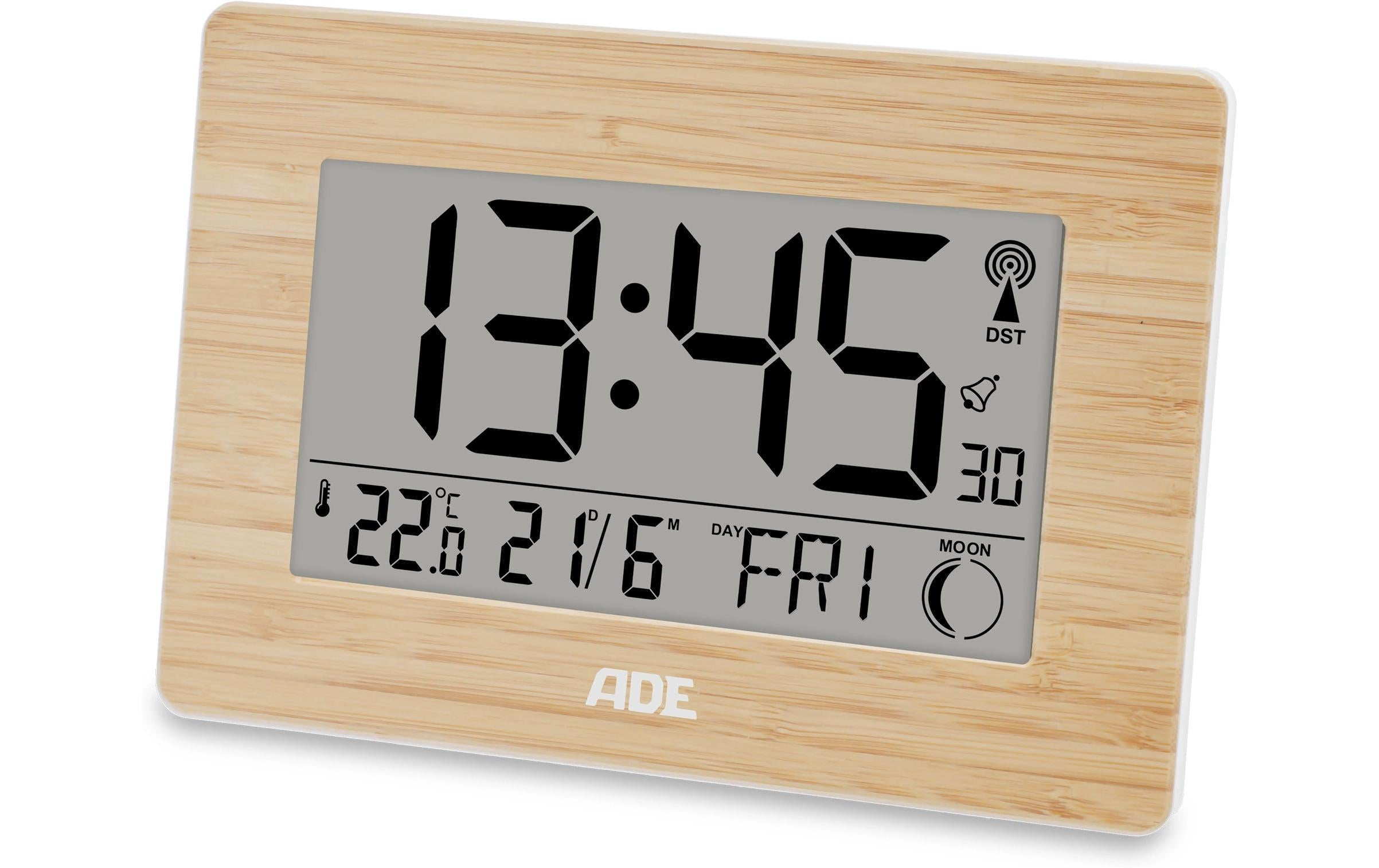 Ade Digitale Wanduhr CK1702 HH Funk – 16,1 × 2,8 × 22,9 cm, Braun, Bambus, Mondphasen, Lautlos