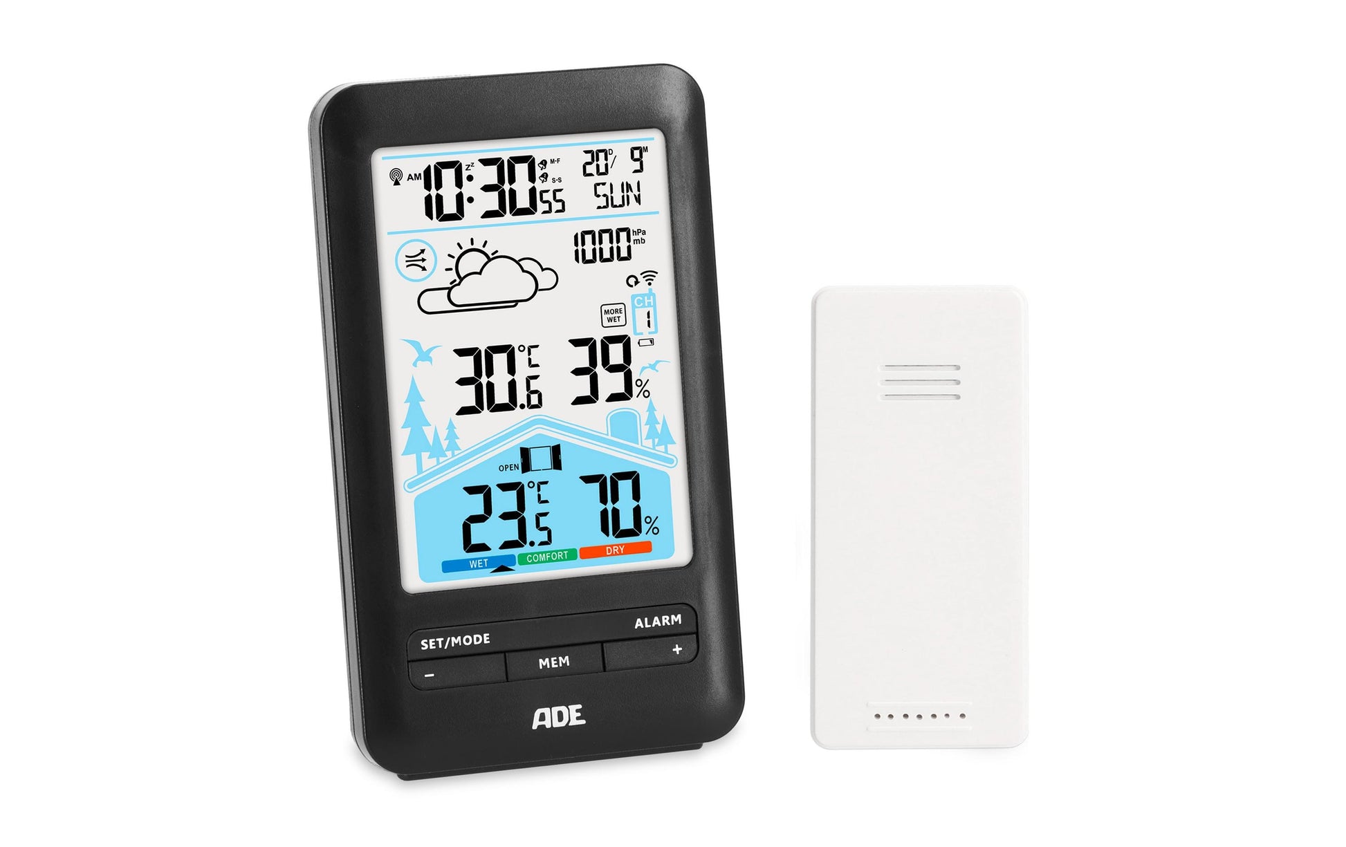 ADE – Wetterstation, innen/aussen, Hygrometer, inkl. Aussensensor – schwarz