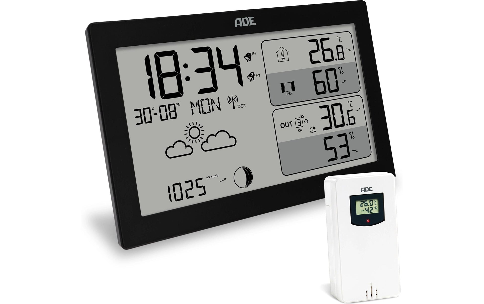 ADE WS2325 – Wetterstation, inkl. Funk-Aussensensor, Display, Wecker – Schwarz (2er-Pack)
