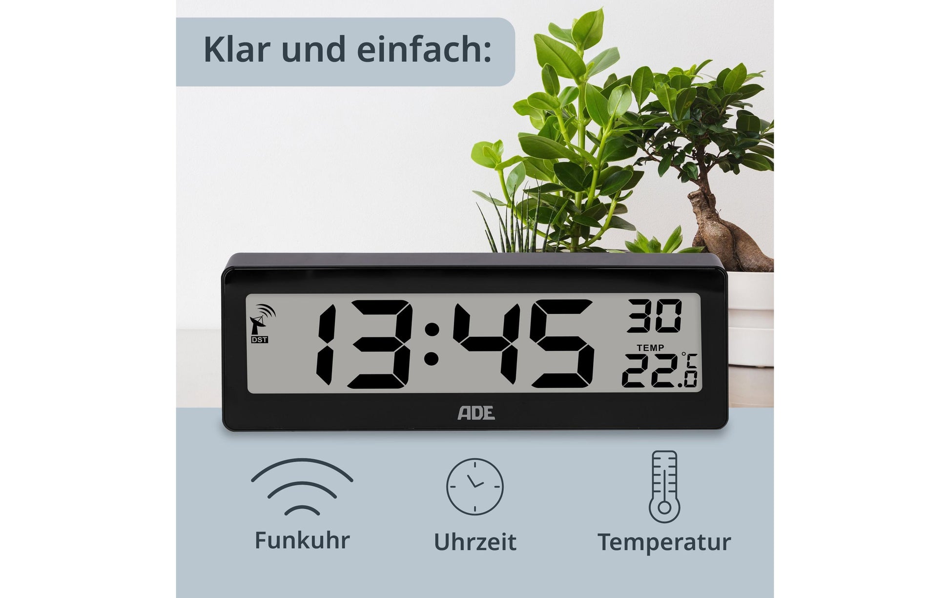 ADE Wecker CK1704-2 – Funk – Digital – 7,2 × 2,2 × 21,6 cm, Schwarz, Thermometer