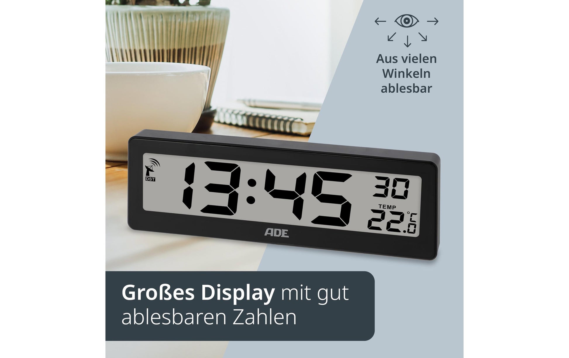 ADE Wecker CK1704-2 – Funk – Digital – 7,2 × 2,2 × 21,6 cm, Schwarz, Thermometer