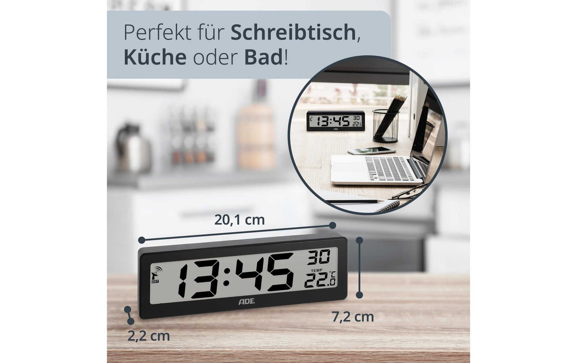 ADE Wecker CK1704-2 – Funk – Digital – 7,2 × 2,2 × 21,6 cm, Schwarz, Thermometer