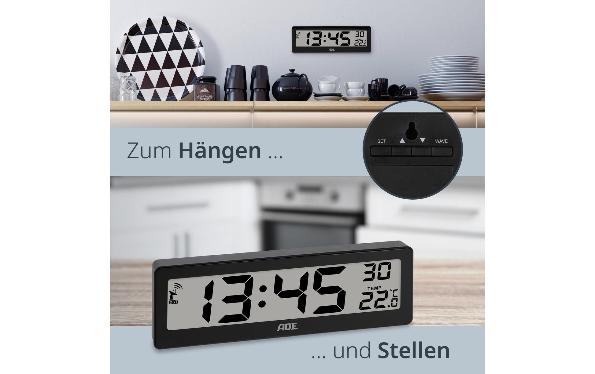 ADE Wecker CK1704-2 – Funk – Digital – 7,2 × 2,2 × 21,6 cm, Schwarz, Thermometer