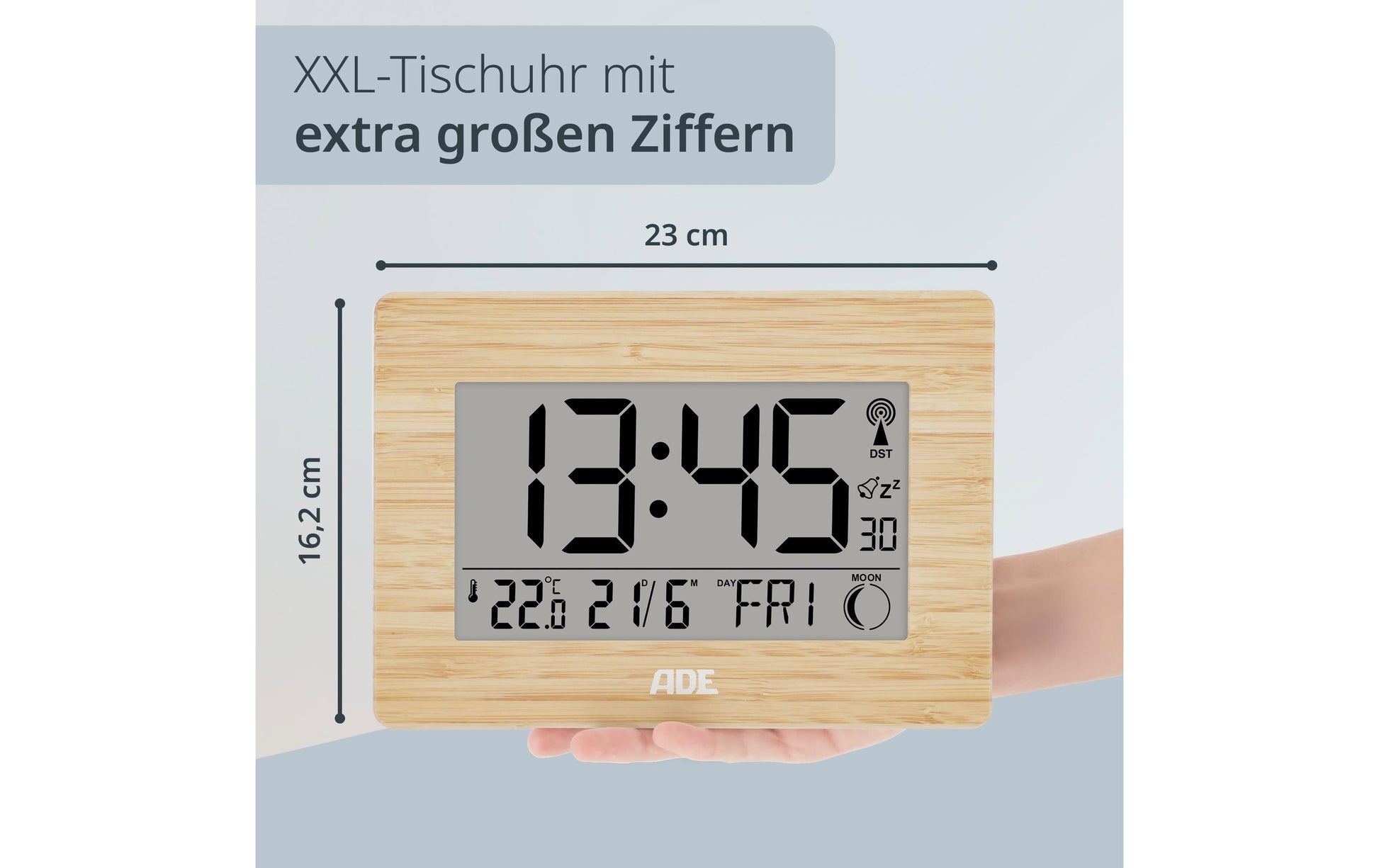 Ade Digitale Wanduhr CK1702 HH Funk – 16,1 × 2,8 × 22,9 cm, Braun, Bambus, Mondphasen, Lautlos