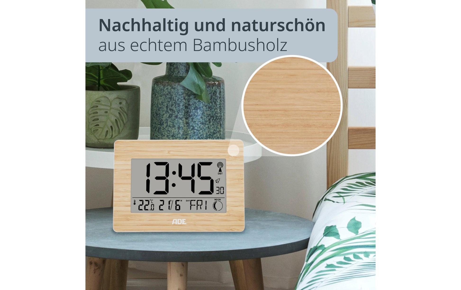 Ade Digitale Wanduhr CK1702 HH Funk – 16,1 × 2,8 × 22,9 cm, Braun, Bambus, Mondphasen, Lautlos