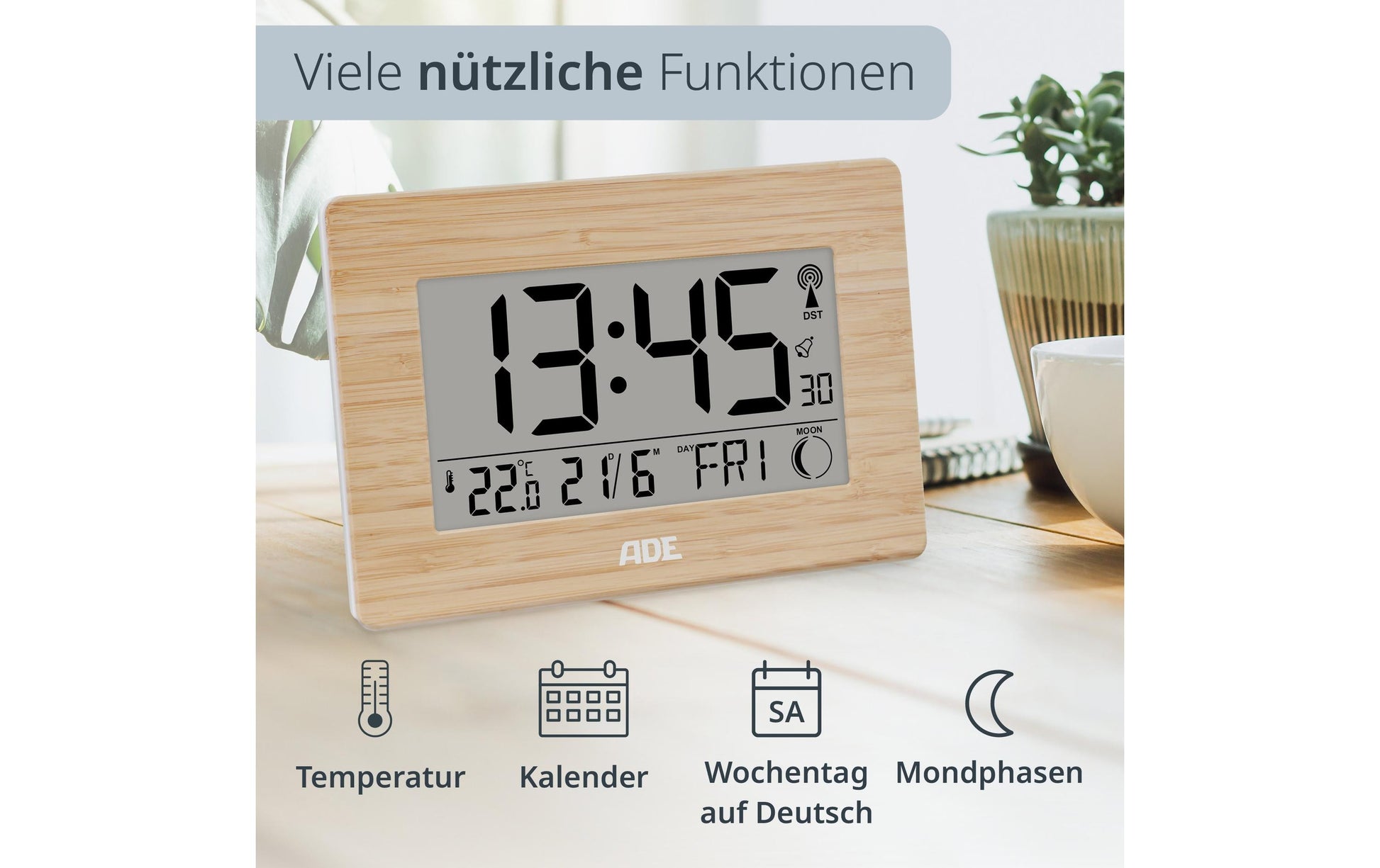 Ade Digitale Wanduhr CK1702 HH Funk – 16,1 × 2,8 × 22,9 cm, Braun, Bambus, Mondphasen, Lautlos