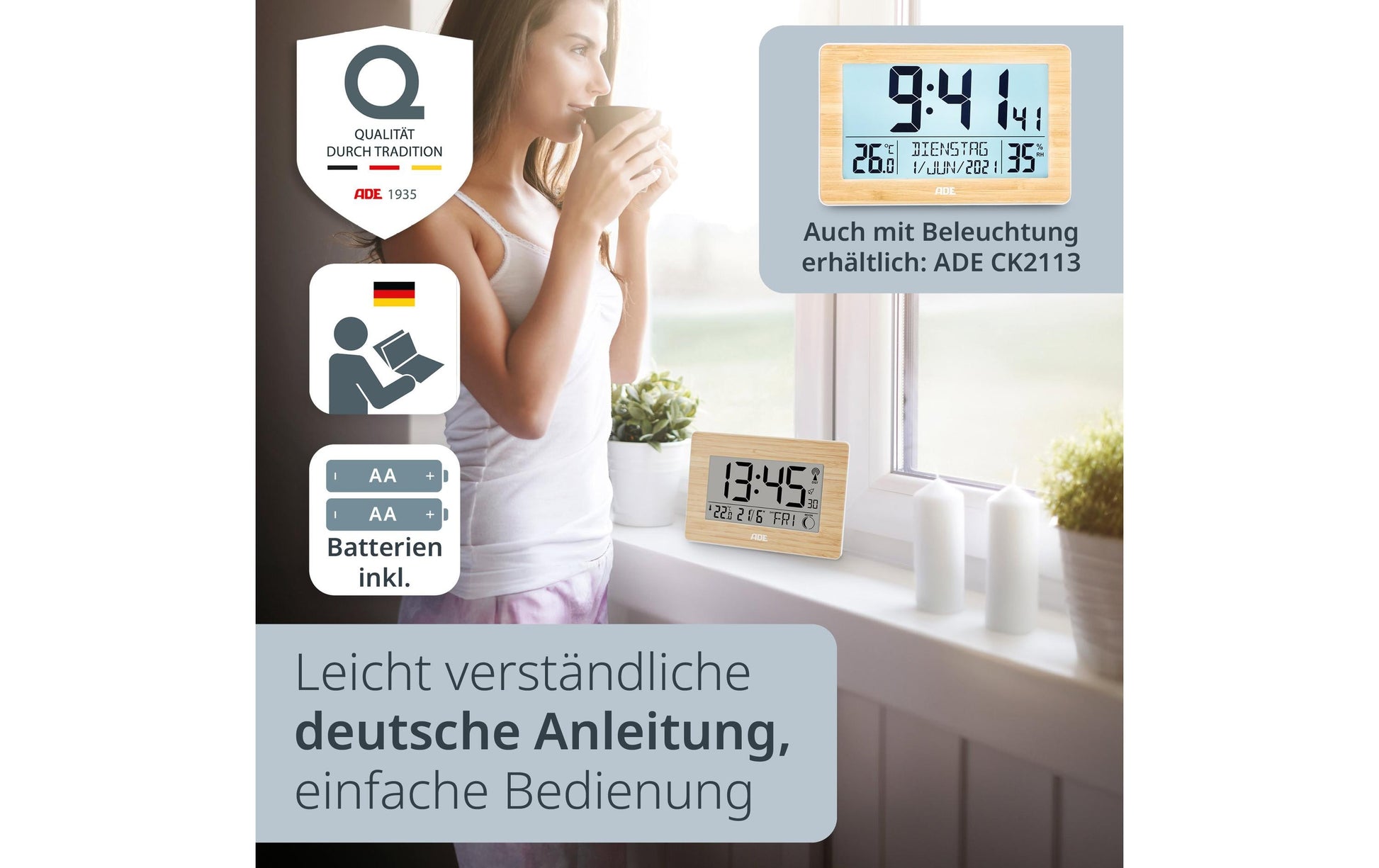 Ade Digitale Wanduhr CK1702 HH Funk – 16,1 × 2,8 × 22,9 cm, Braun, Bambus, Mondphasen, Lautlos