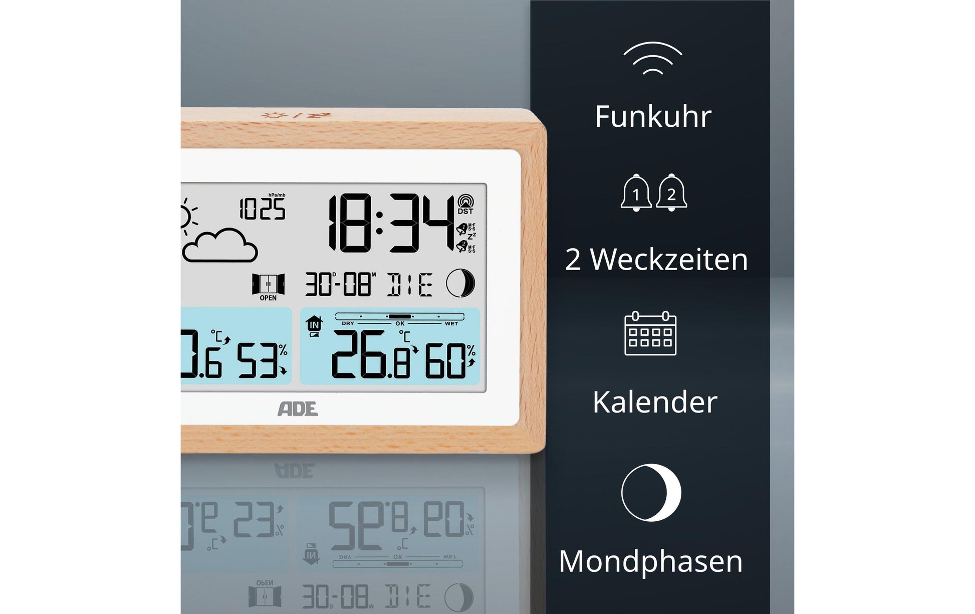 Ade Wetterstation, innen/aussen, Hygrometer, DCF-Funkuhr – Braun