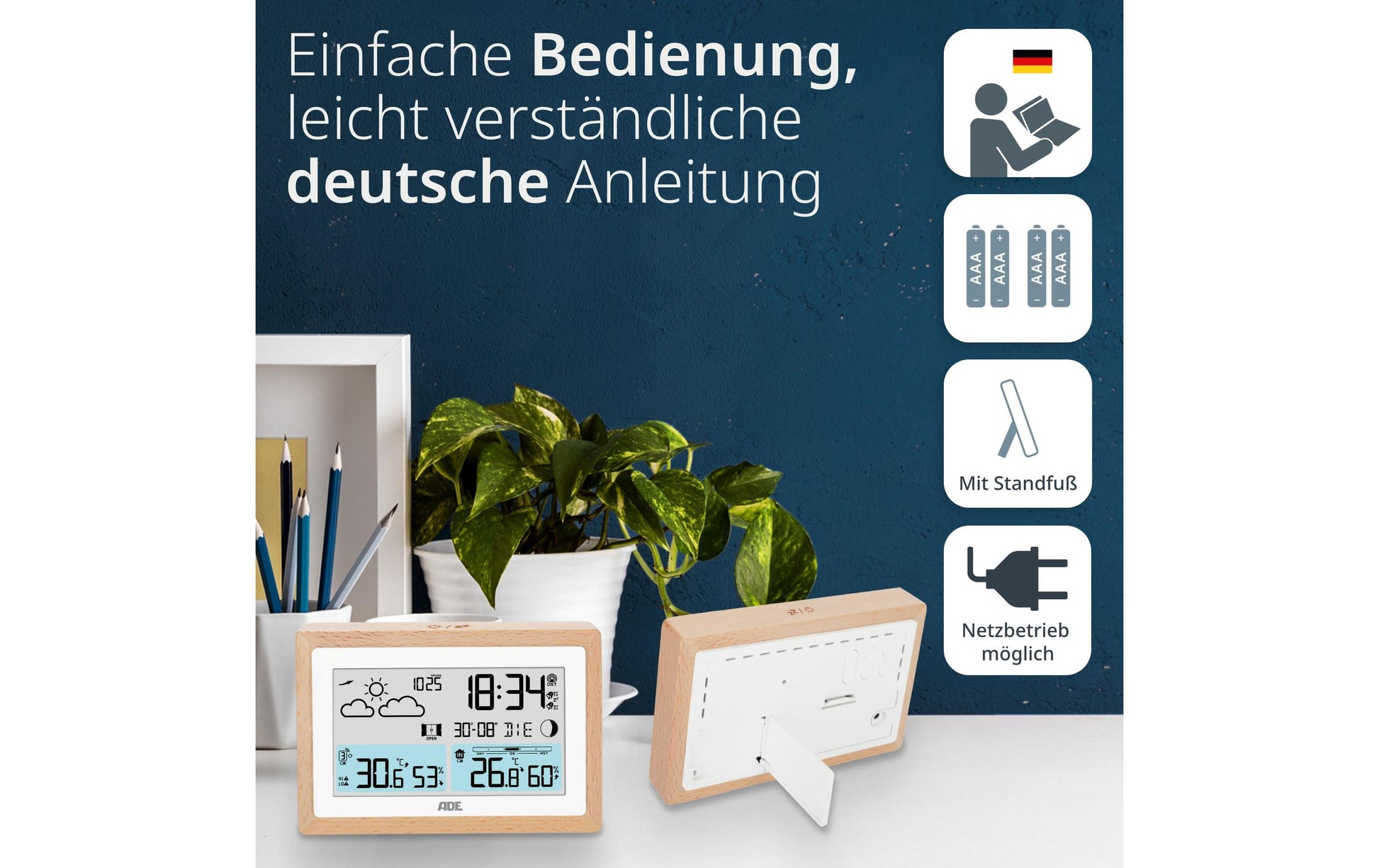 Ade Wetterstation, innen/aussen, Hygrometer, DCF-Funkuhr – Braun