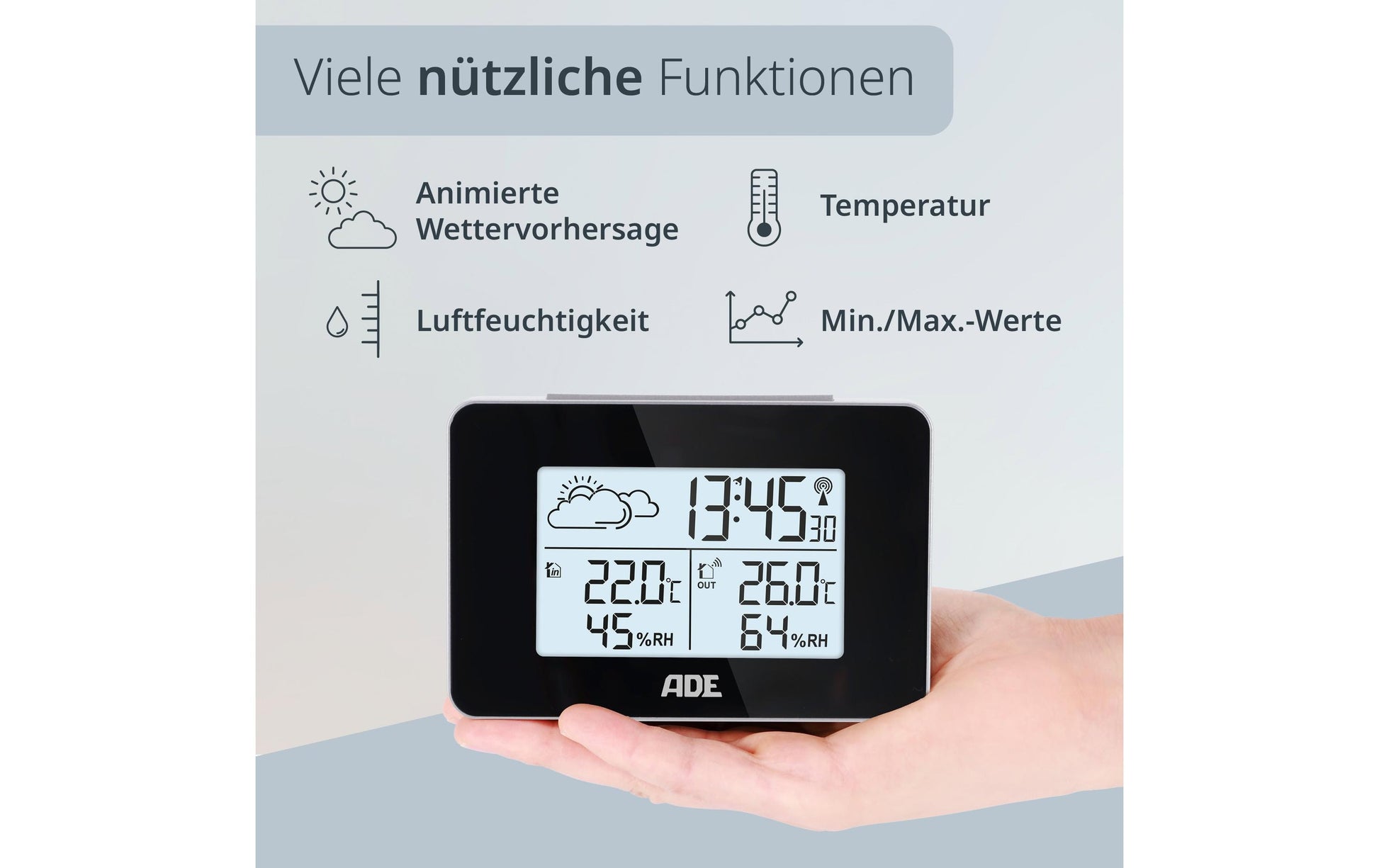 ADE WS2136-1 – Wetterstation, Funk, innen/aussen, Barometer, inkl. Aussensensor – schwarz (2er-Pack)
