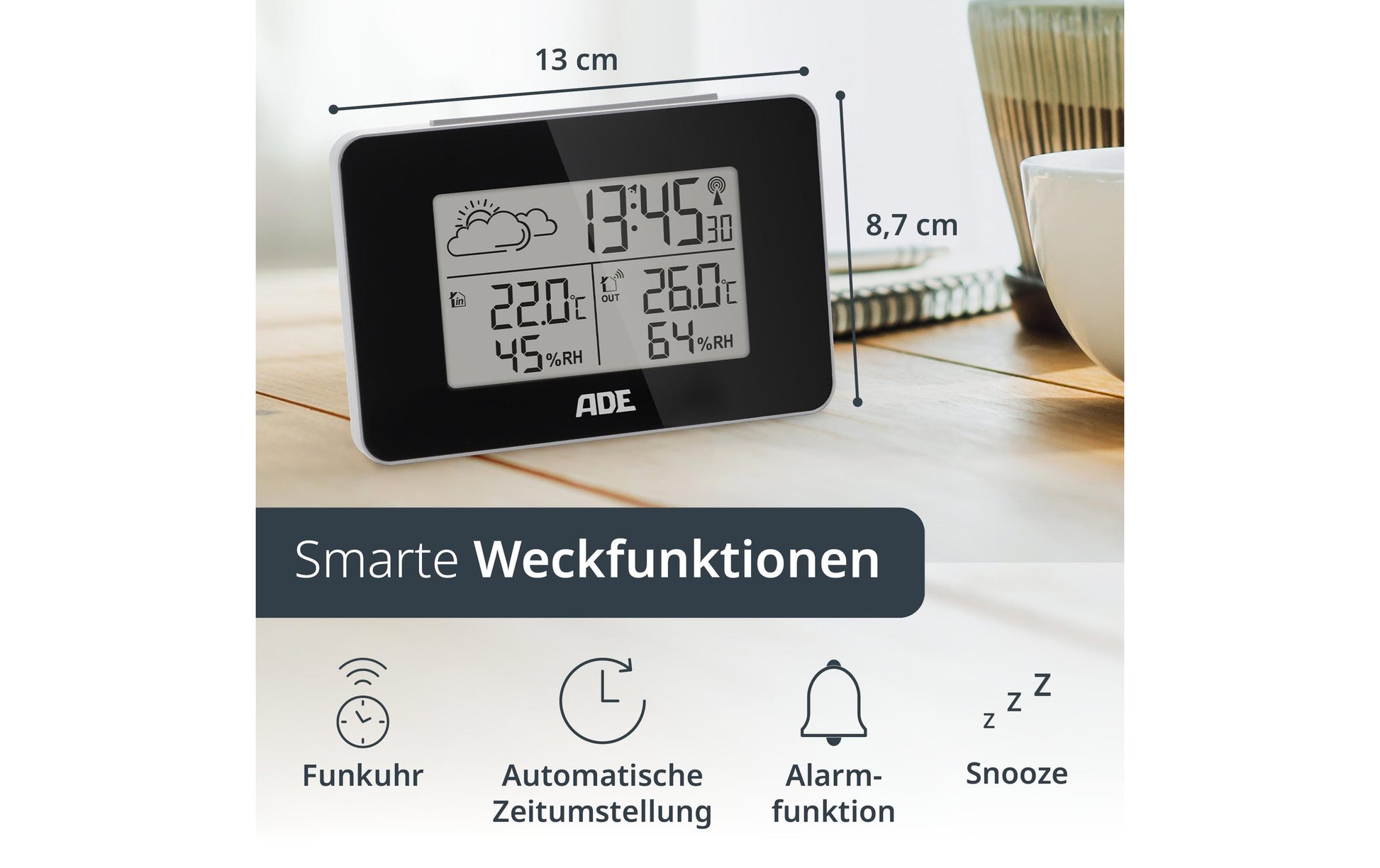 ADE WS2136-1 – Wetterstation, Funk, innen/aussen, Barometer, inkl. Aussensensor – schwarz (2er-Pack)