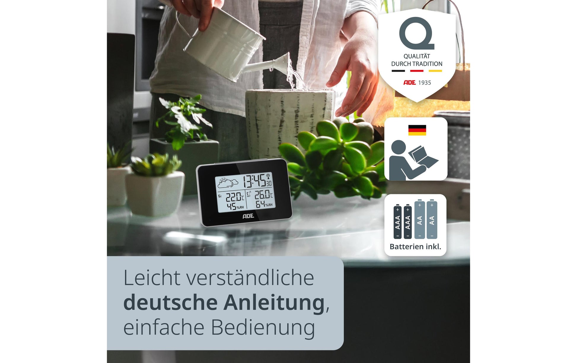ADE WS2136-1 – Wetterstation, Funk, innen/aussen, Barometer, inkl. Aussensensor – schwarz (2er-Pack)