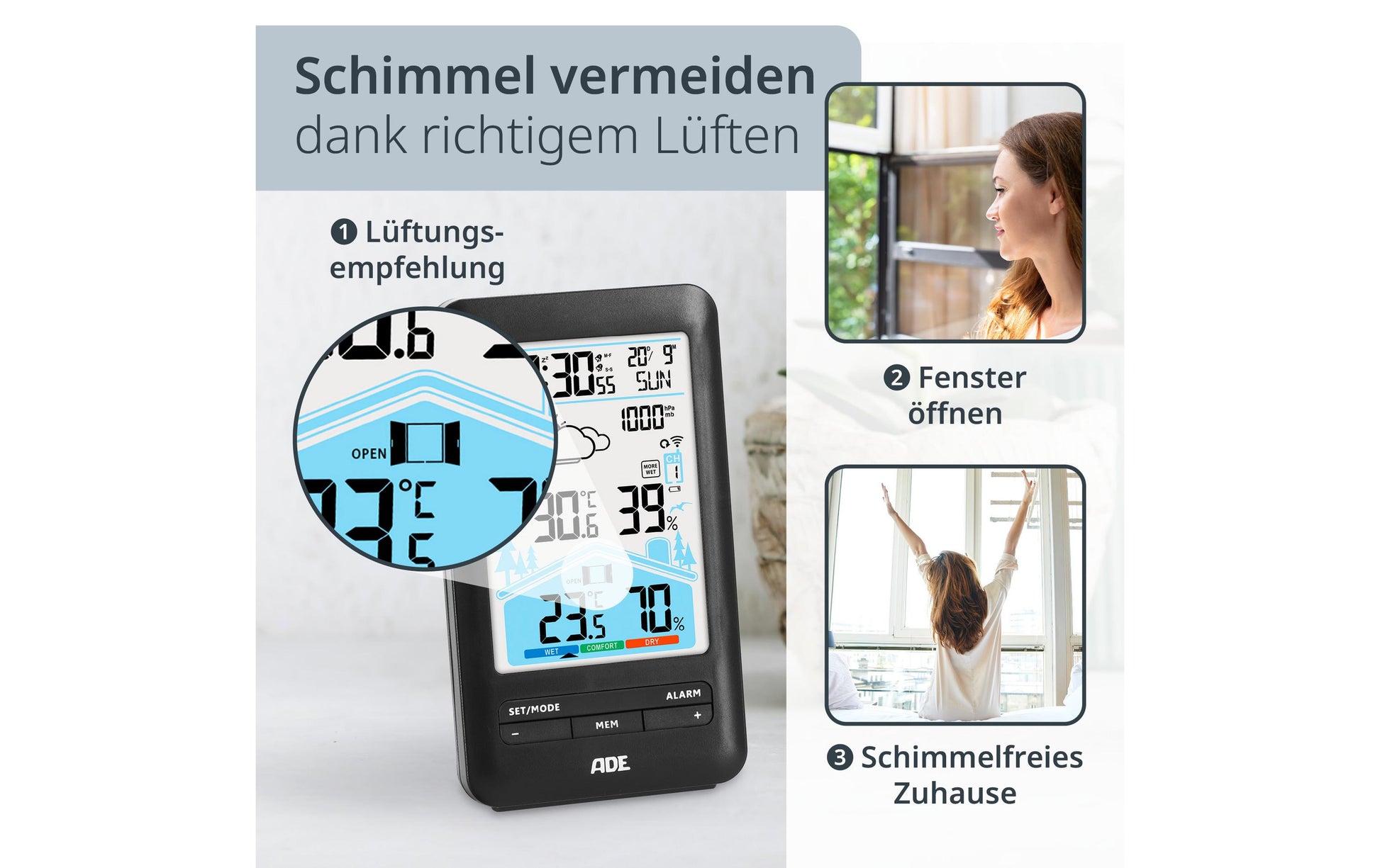 ADE – Wetterstation, innen/aussen, Hygrometer, inkl. Aussensensor – schwarz