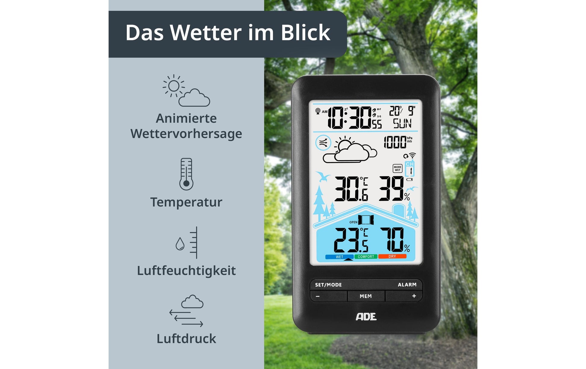 ADE – Wetterstation, innen/aussen, Hygrometer, inkl. Aussensensor – schwarz