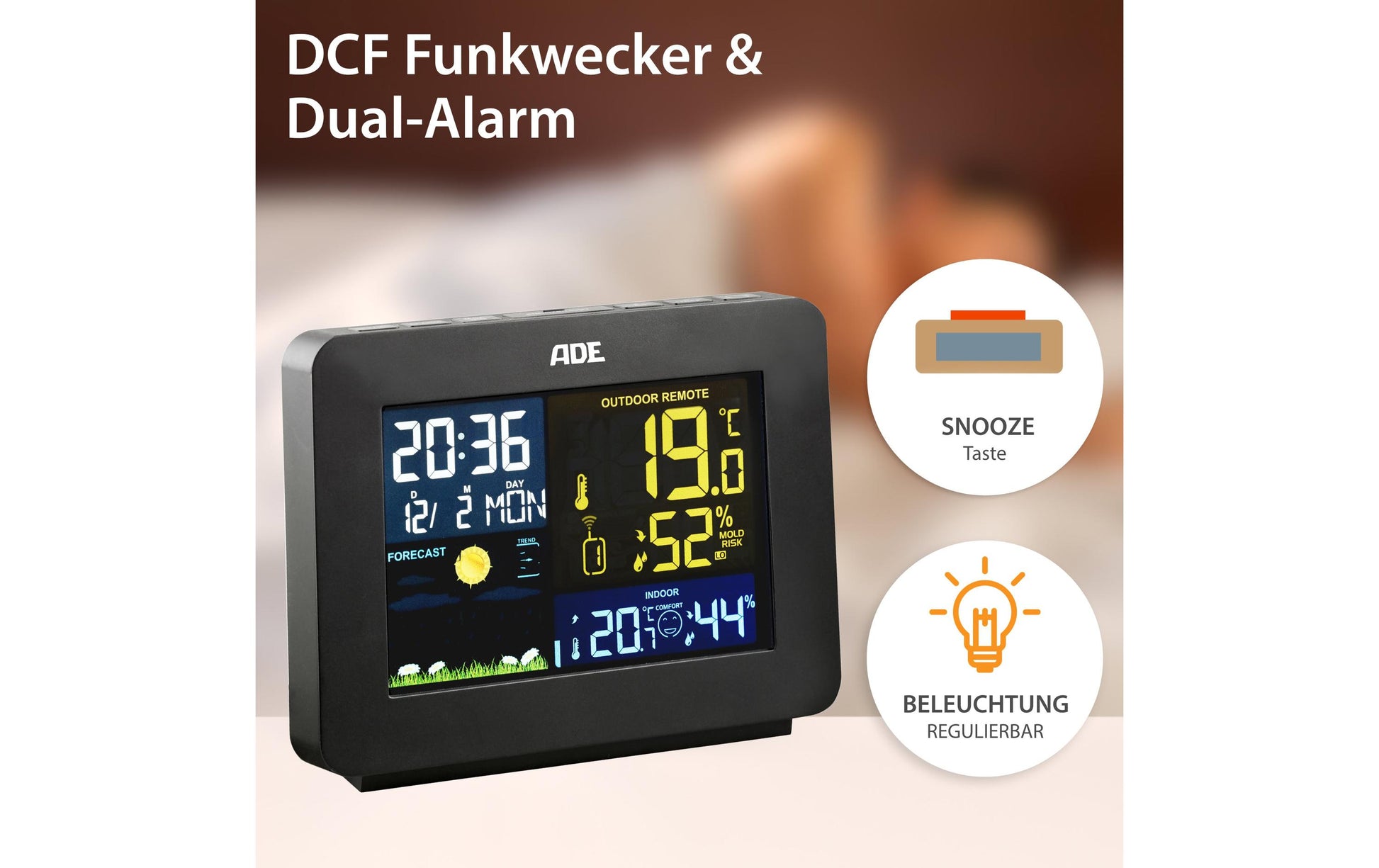 ADE WS1917 Temperatur-/Feuchtesensor – Kabellos, 0–50 °C, 20–95 %, Innen/Aussen
