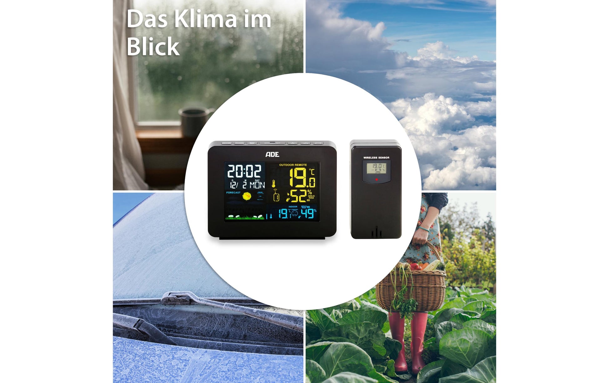 ADE WS1917 Temperatur-/Feuchtesensor – Kabellos, 0–50 °C, 20–95 %, Innen/Aussen