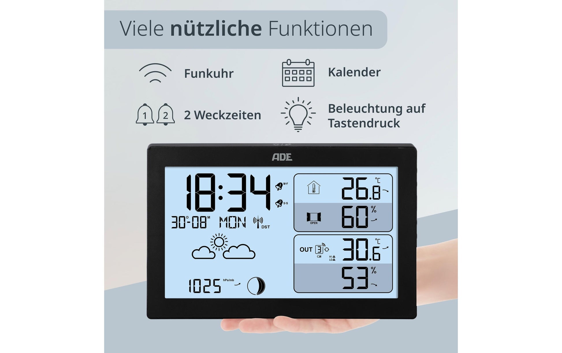 ADE WS2325 – Wetterstation, inkl. Funk-Aussensensor, Display, Wecker – Schwarz (2er-Pack)