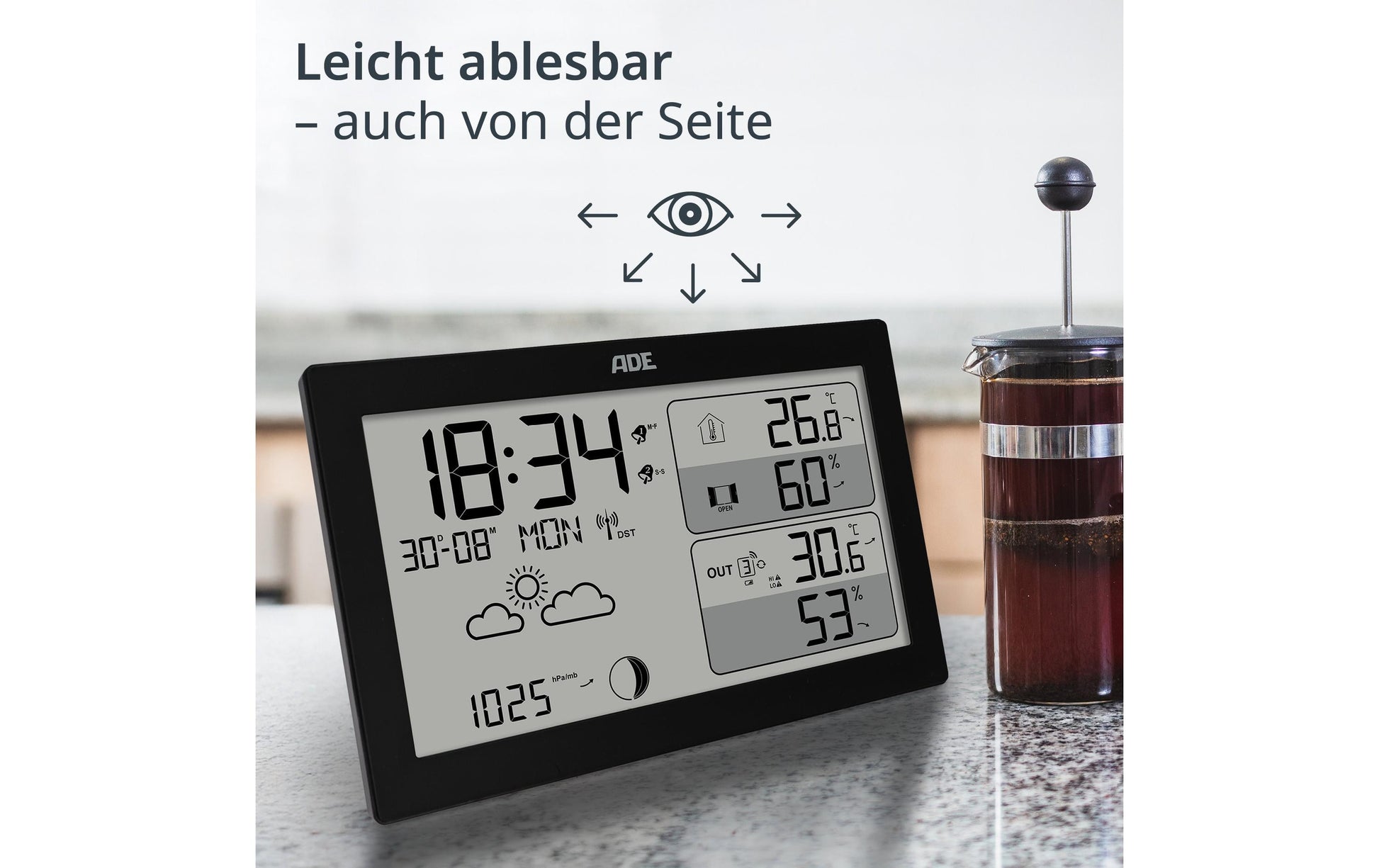 ADE WS2325 – Wetterstation, inkl. Funk-Aussensensor, Display, Wecker – Schwarz (2er-Pack)