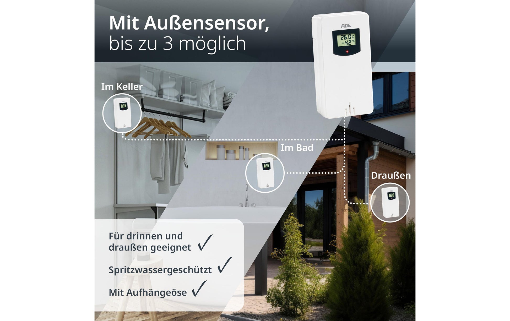 ADE WS2325 – Wetterstation, inkl. Funk-Aussensensor, Display, Wecker – Schwarz (2er-Pack)