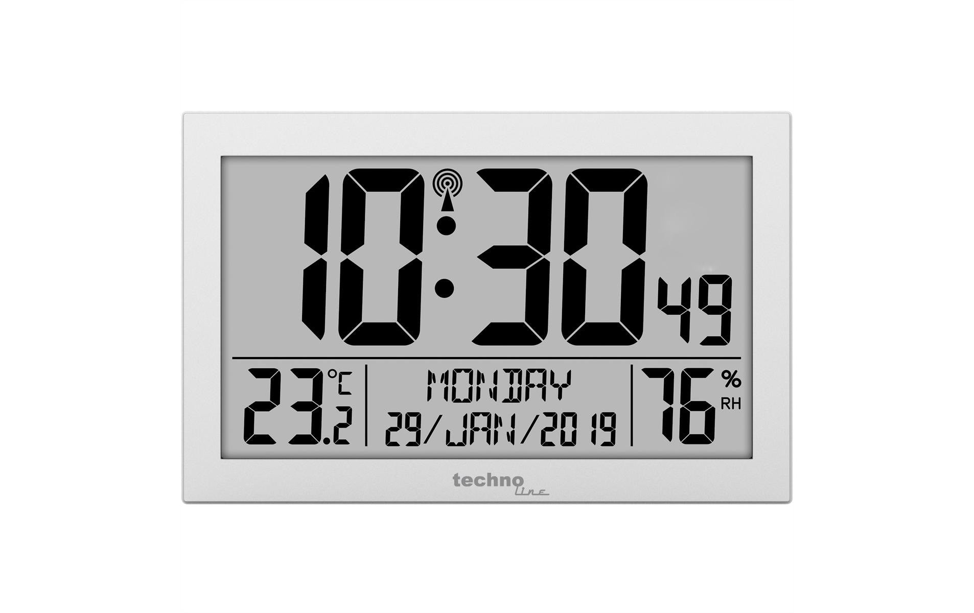 Technoline Digitale Wanduhr WS8016 Funk – 22,5 × 2,4 × 2,4 cm, Silber, Kunststoff, Alarm, Datum