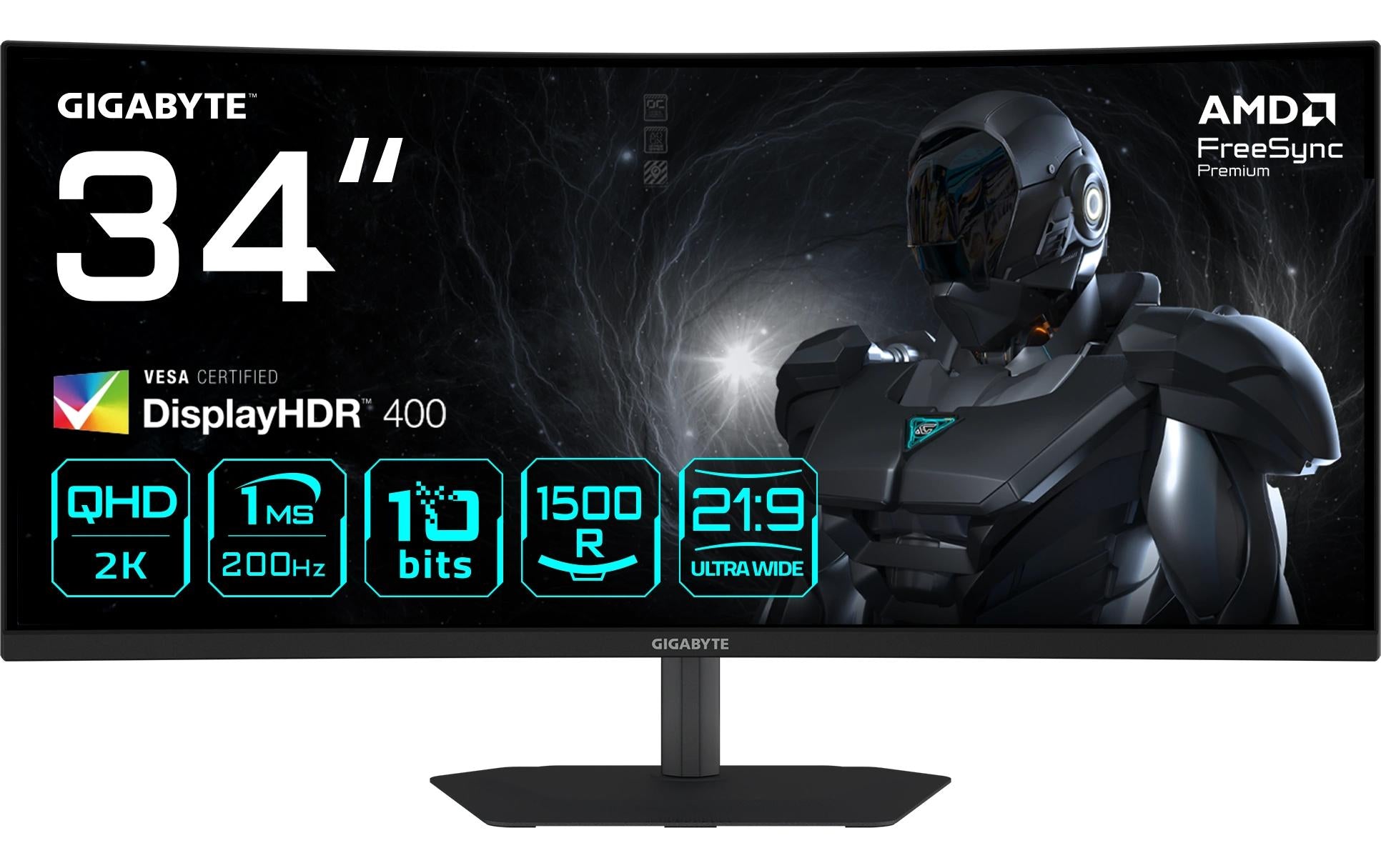 GIGABYTE G34WQC2 – Monitor, 34", 3440 × 1440, VA, 200 Hz, 450 cd/m², 2× HDMI 2.1, 2× DisplayPort 1.4