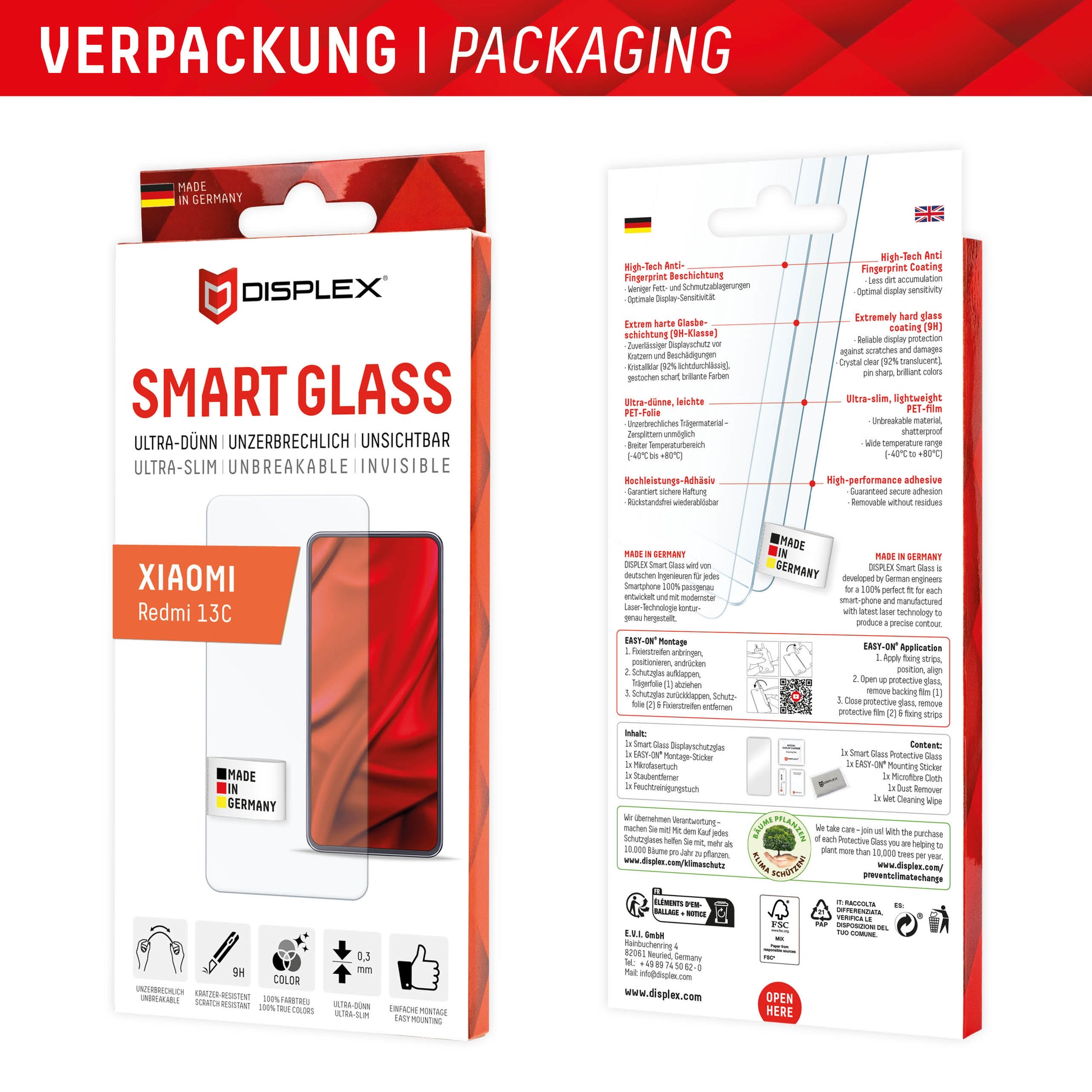 E.V.I. Displayschutz, 9H – für Redmi 13C – mit Applikator