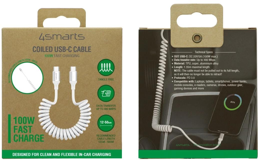 4smarts USB-C auf USB-C Kabel – USB 2.0 (480 Mbit/s) – 1,35 m – PD 100 W – Spiralkabel, TPU-Mantel – Weiss