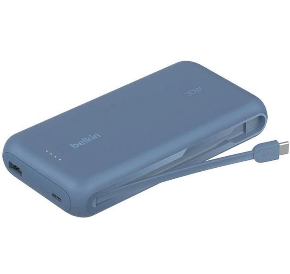Belkin Powerbank 20000 mAh, PD 30 W, integriertes USB-C-Kabel, Blau